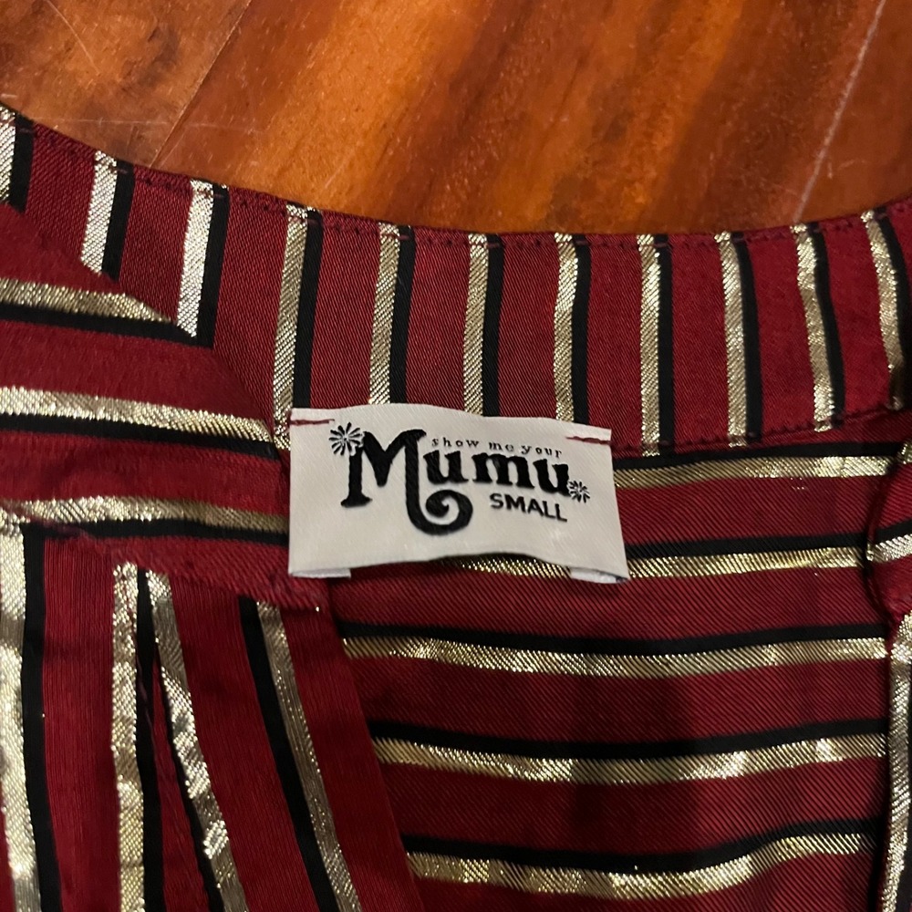 Mumu Maribelle Shirt Dress Red Burgundy Gold Metallic Stripe Tunic Show Me Small - Picture 2 of 8